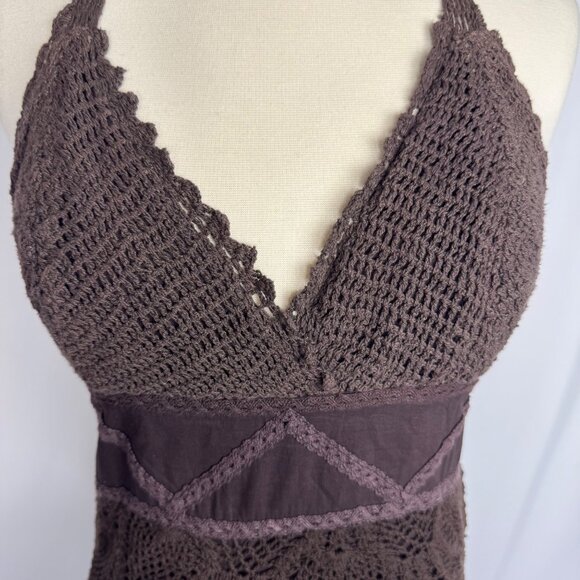 VTG XOXO‎ Brown Crochet Baby Doll Maxi Dress Whimsigoth Dark Fairy 100% Cotton - Picture 3 of 12